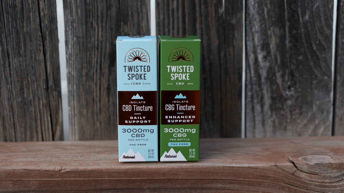 Twisted Spoke Isolate CBD Tincture - Daily Support - Daily Support - 3000 milligrams per bottle - THC Free - Natural Flavor - Net Weight 1 fluid ounce or 30 milliliters and Twisted Spoke Isolate CBG Tincture - Enhanced Support - 3000 milligrams CBG per bottle - THC Free - Natural Flavor - Net Weight 1 fluid ounce or 30 milliliters - Boxes pictured together in image