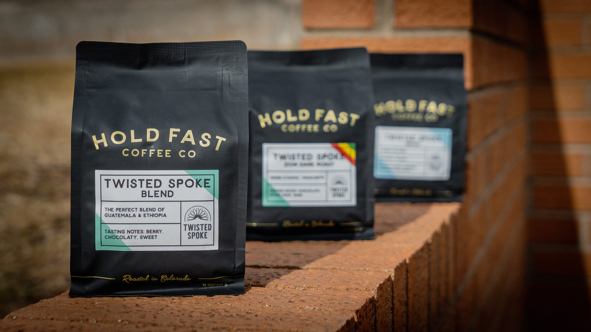 Picture of the three Twisted Spoke - Hold Fast Coffee Company Coffees - Twisted Spoke Blend  -  The perfect blend of Guatemala and Ethiopia - Tasting Notes: Berry, Chocolaty, Sweet - Roasted in Colorado